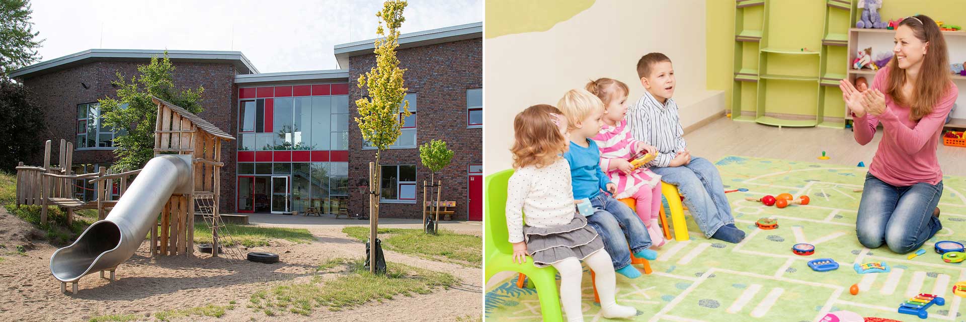 Außenansicht der Kita in Kölln-Reisiek und Erzieherin mit Kita-Kinder