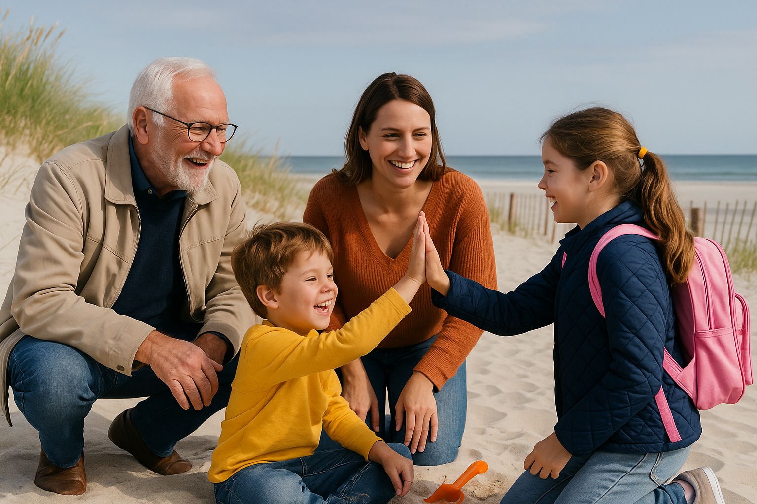 Am Strand auf Amrum sind zwei Kinder mit ihrer Mutter und einem Rentner der als Aushilfe in der KITA arbeitet