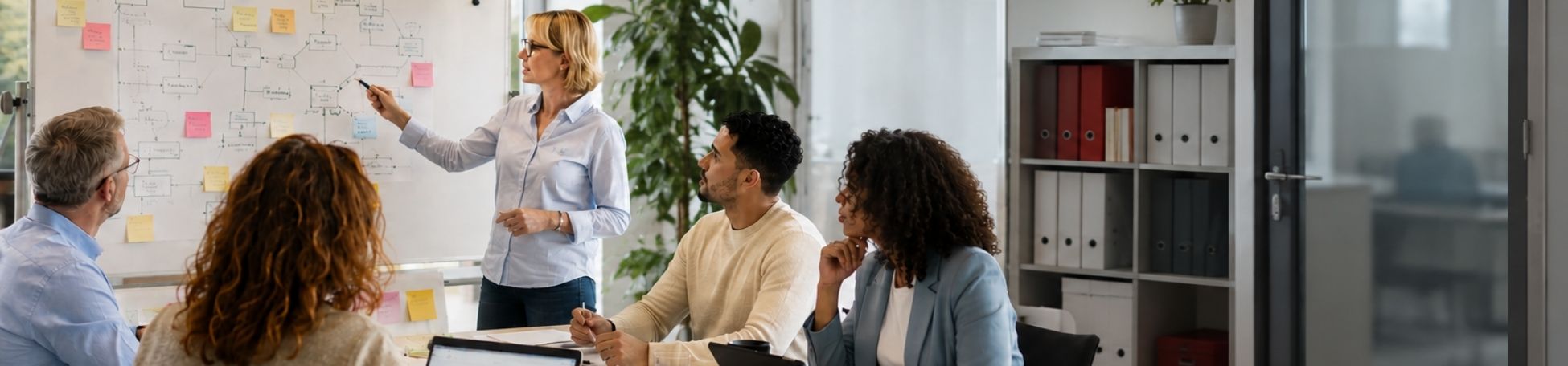 Fünf Mitarbeitende arbeiten in einem hellen Besprechungsraum gemeinsam an einem Workshop. Eine Person moderiert Prozessdiagramme an einem Whiteboard, während die anderen mit Laptops, Tablets und Notizen diskutieren.