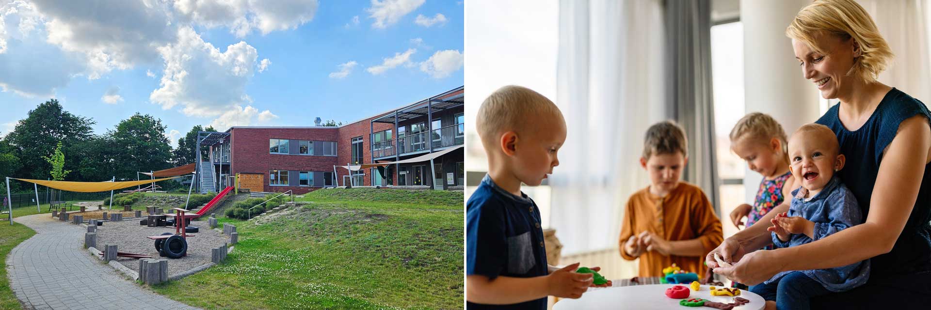 Außengelände der Kita in Appen und eine Erzieherin mit Kita-Kindern