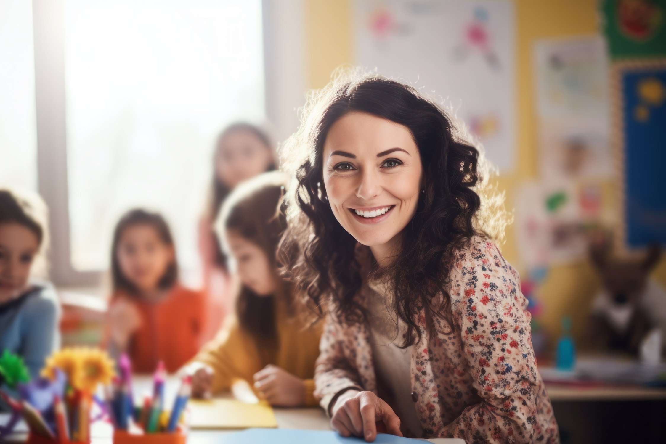 Erzieherin sitzt mit malenden Kindern am Tisch und lächelt