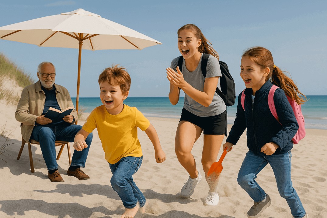 Am Strand auf Amrum spielen zwei Kinder mit Rentner und einer Studentin die als Aushilfe in der KITA arbeitet