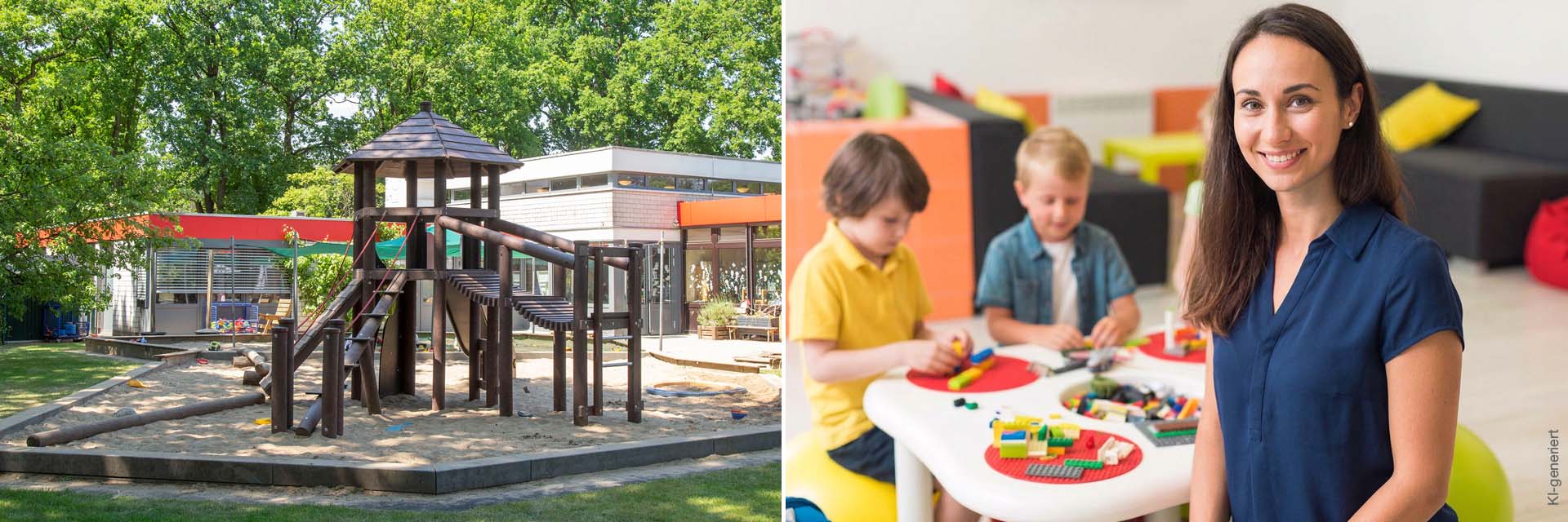 Links: Außengelände der Kita mit einem Klettergerüst. Rechts: Eine Frau im Vordergrund. Kinder im Schulalter spielen im Hintergrund an einem Tisch
