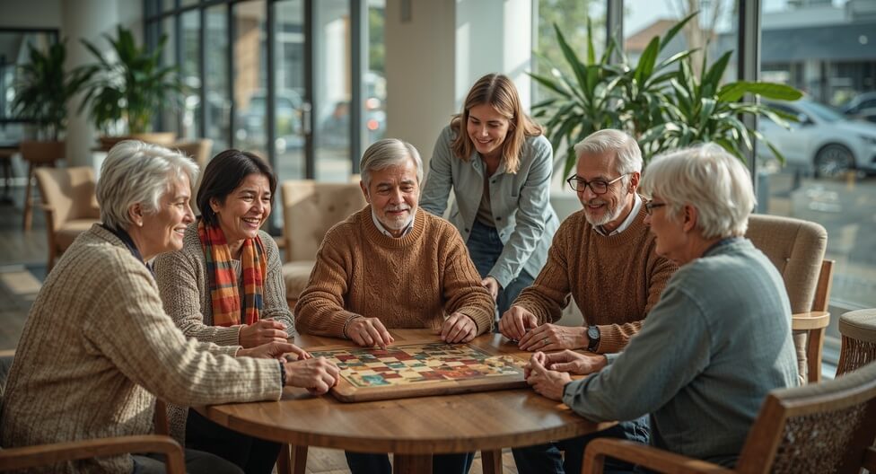 Altenpflege Eine Gruppe älterer Erwachsener und eine jüngere Frau spielen gemeinsam ein Brettspiel an einem runden Tisch drinnen