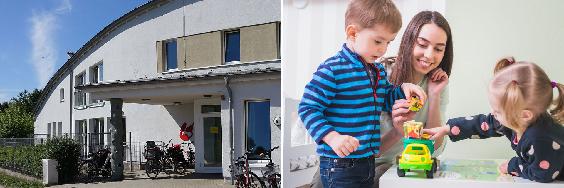 Außenansicht der Kita in Wedel und Erzieherin mit Kita-Kindern