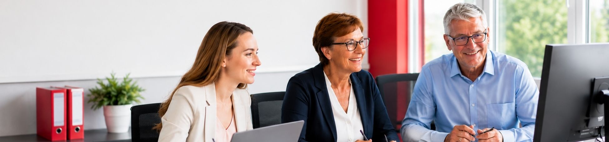 3 Personen sitzen gemeinsam am Schreibtisch